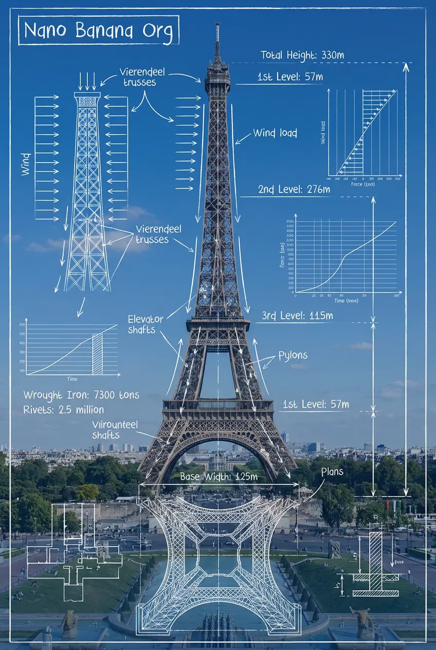 A detailed technical blueprint and architectural infographic of the Eiffel Tower overlaid on a real photo of Paris, featuring handwritten annotations, complex engineering diagrams, wind load charts, and structural measurements in a clean white-on-blue blueprint style.