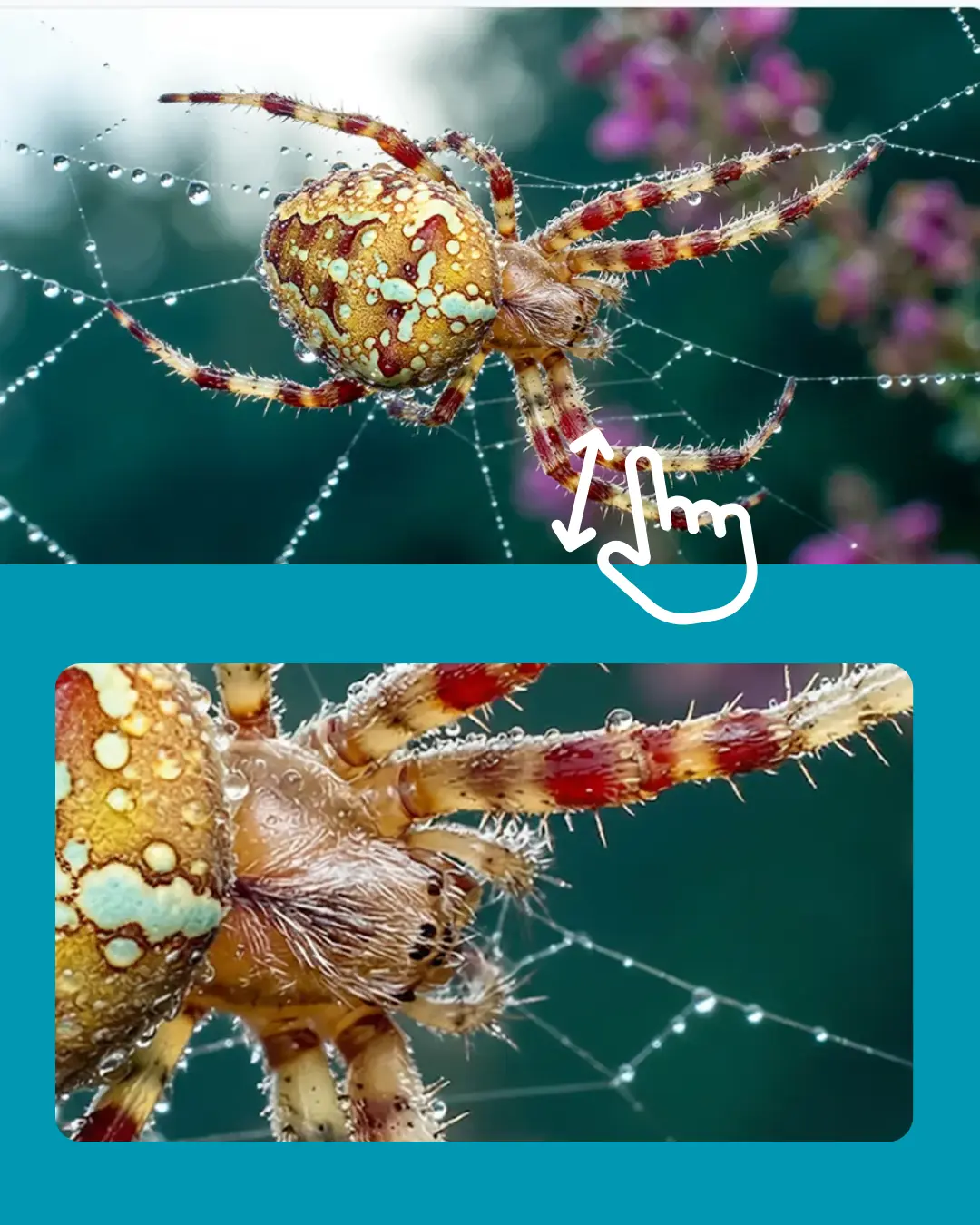 An ultra-high-resolution macro photography shot of a garden spider on its dew-covered web. The spider features intricate red and pale-green patterns on its abdomen and spiky, banded legs. Crystal-clear water droplets cling to the silk threads. The background is a soft, creamy bokeh of green foliage and pink flowers. 8k resolution, extreme detail, cinematic lighting, hyper-realistic texture.