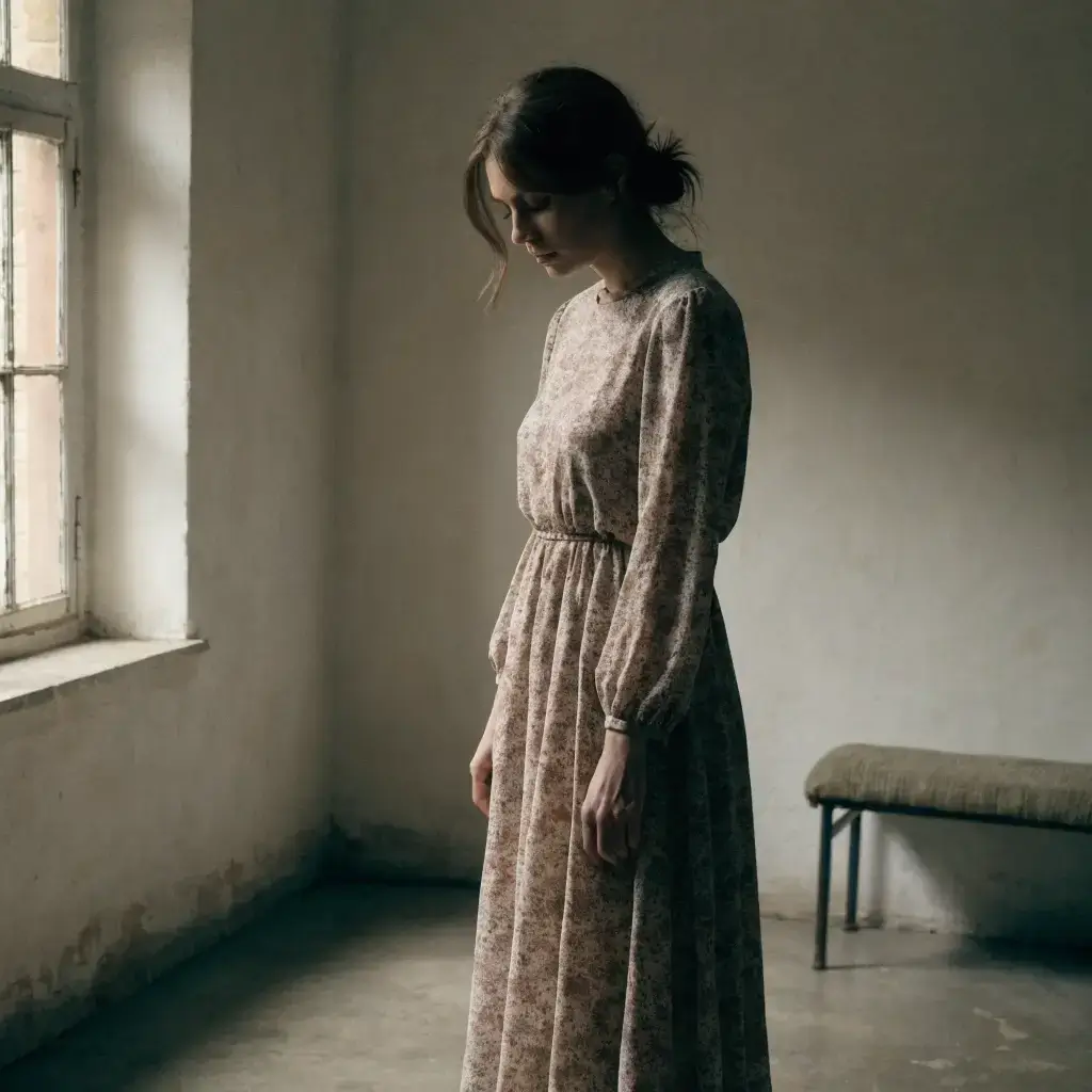 A cinematic still of an adult woman standing in a simple empty room, plain walls, soft window light, quiet expression, minimal furniture, muted warm tones, realistic film photography, atmospheric stillness, ultra-detailed, image_size: 1:1