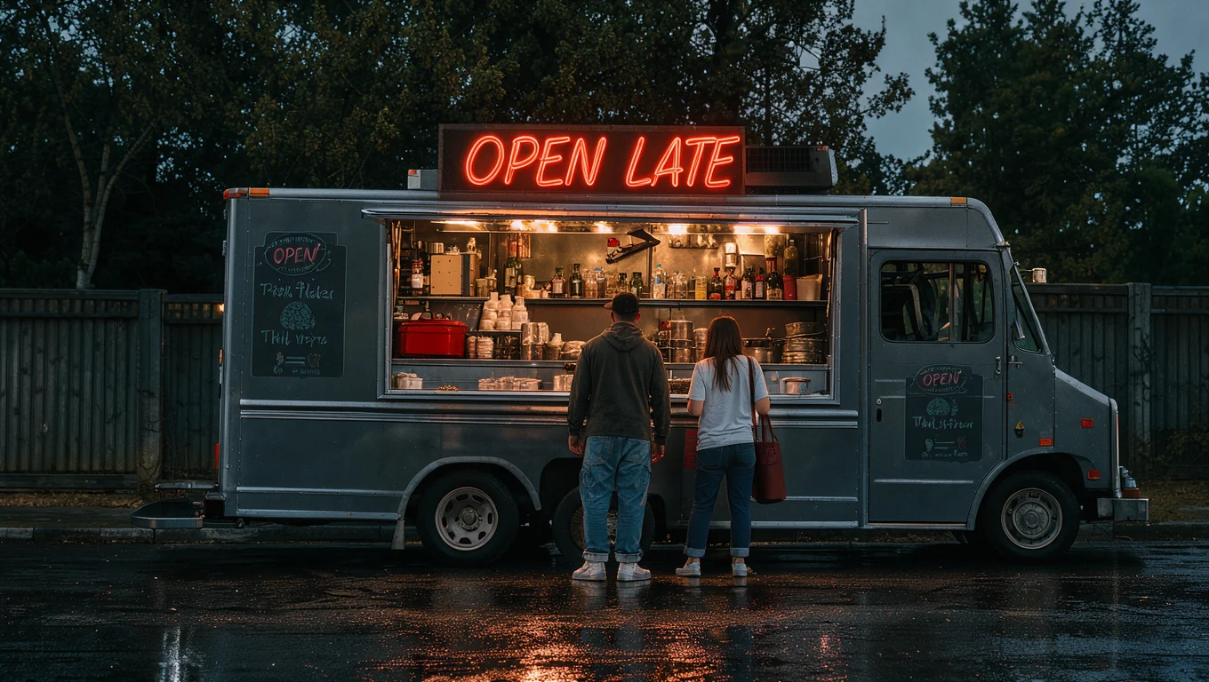 夜のフードトラック、赤いネオン看板に OPEN LATE、光を反射する濡れたアスファルト