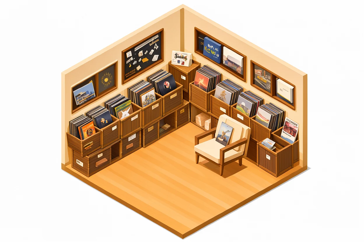 レコード店の店内を描いたフラットな等角イラスト、レコードが入った木箱と試聴用の椅子