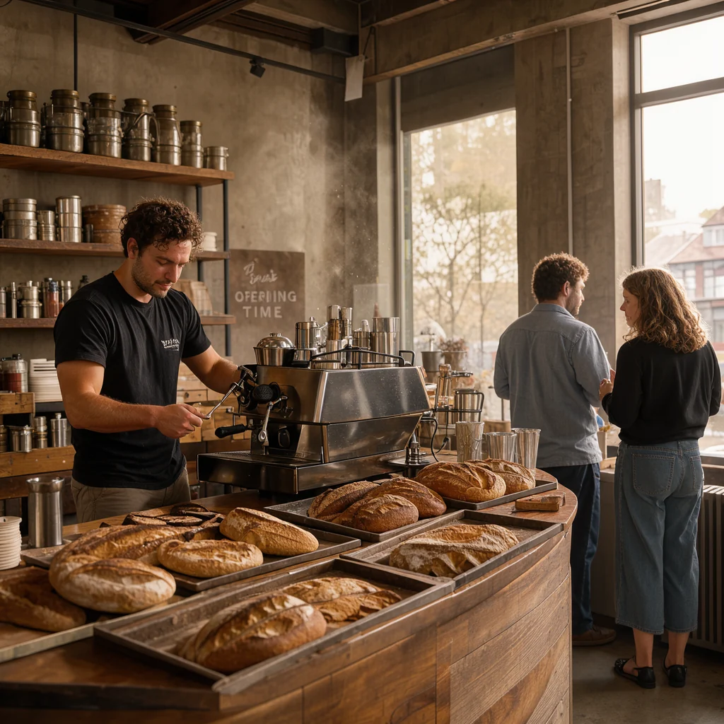 Busy interior — FLUX 3 Klein: wide interior of a bakery at opening time