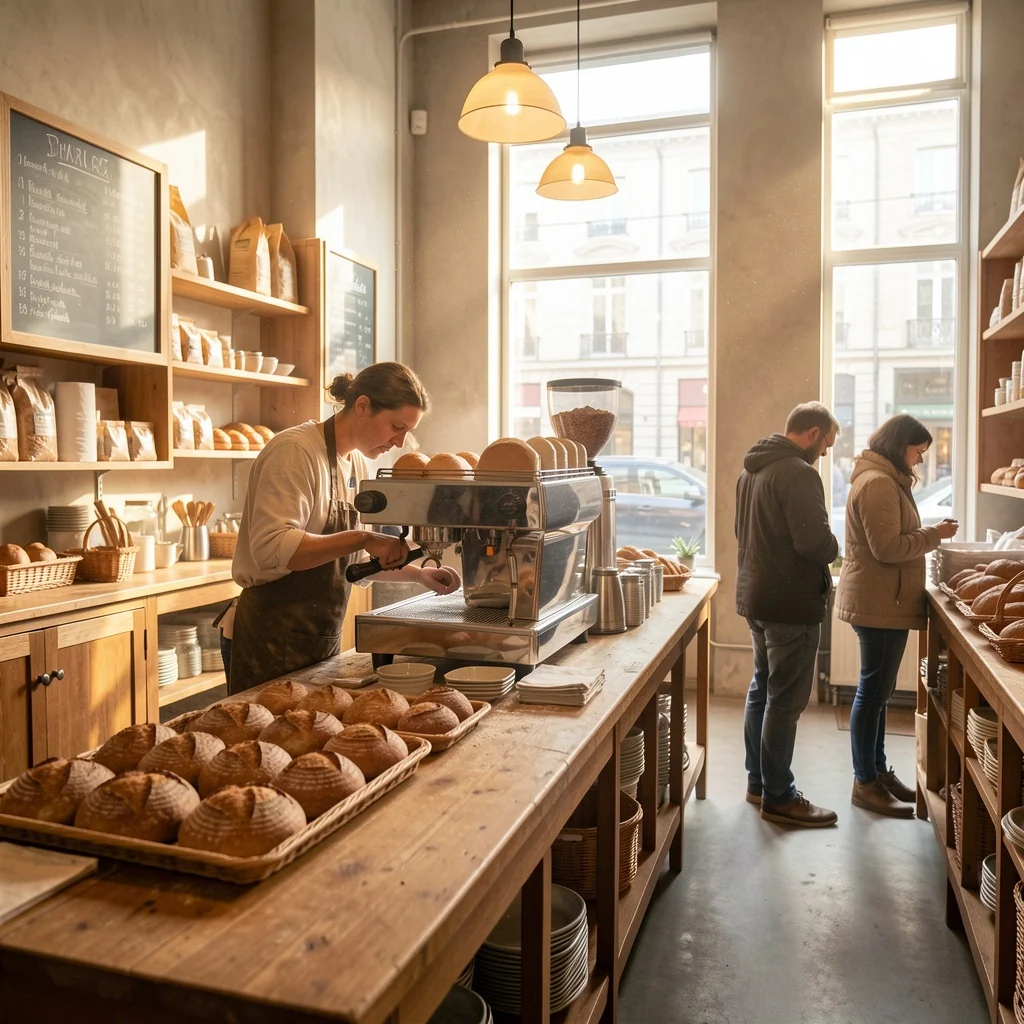 Busy interior — FLUX.2 Klein 9B: wide interior of a bakery at opening time