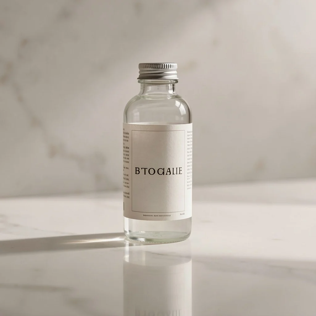 Multi-reference edit — FLUX.2 Klein 9B: a labelled bottle placed on a concrete counter beside a window