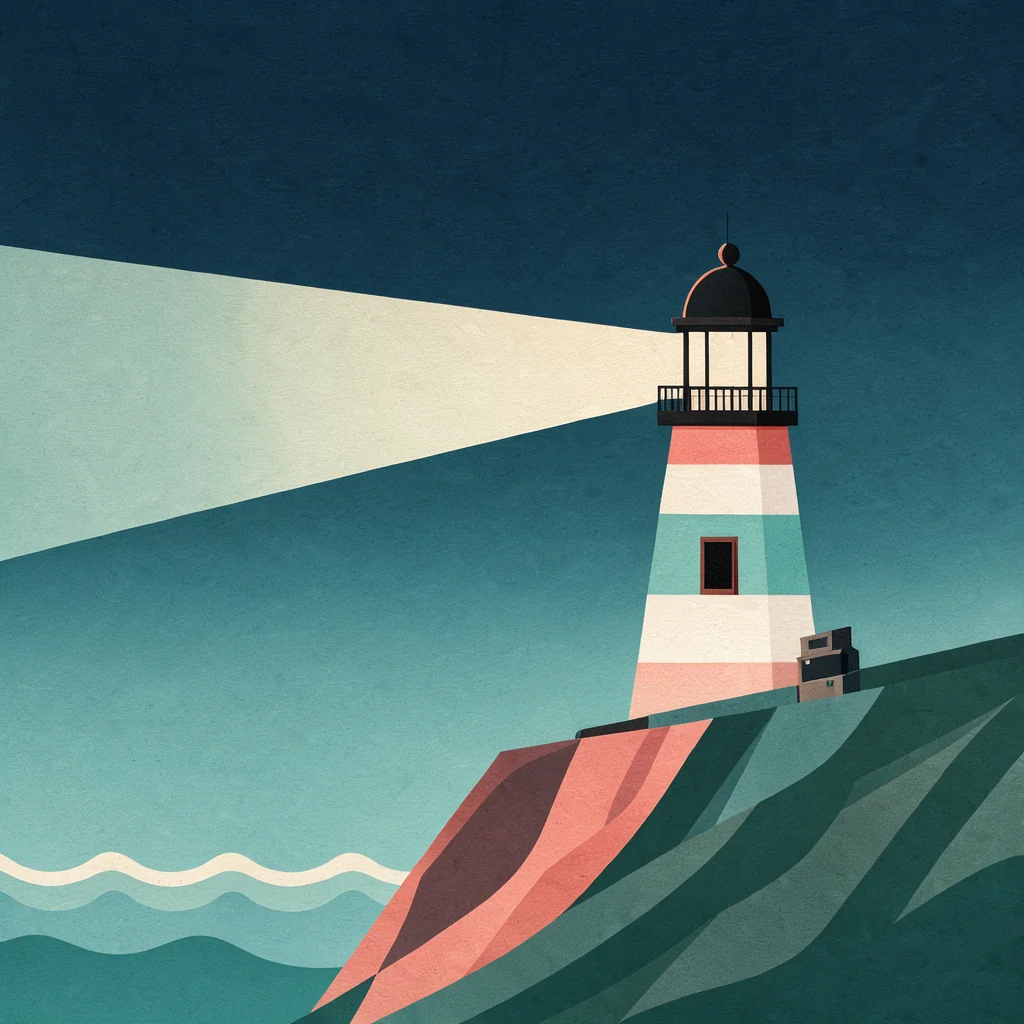 Flat illustration — FLUX 3 Klein: flat vector illustration of a lighthouse at night