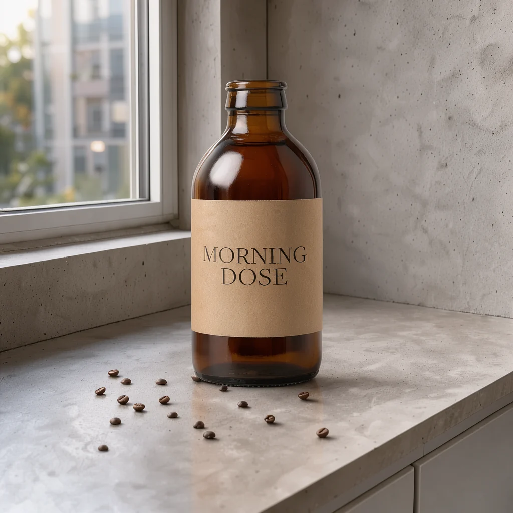 Multi-reference edit — FLUX 3 Klein: a labelled bottle placed on a concrete counter beside a window