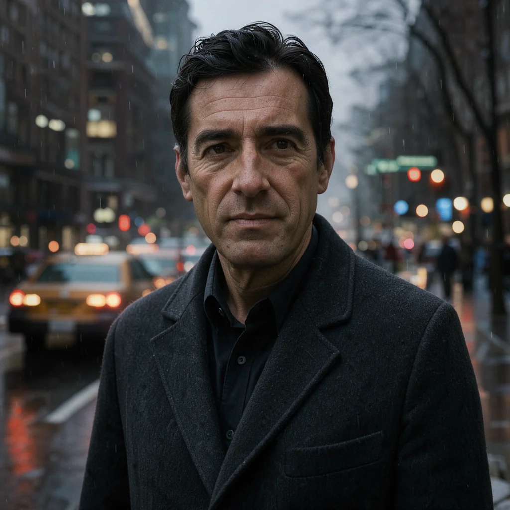 Portrait — FLUX 3 Klein: editorial portrait of a man in a city street at dusk