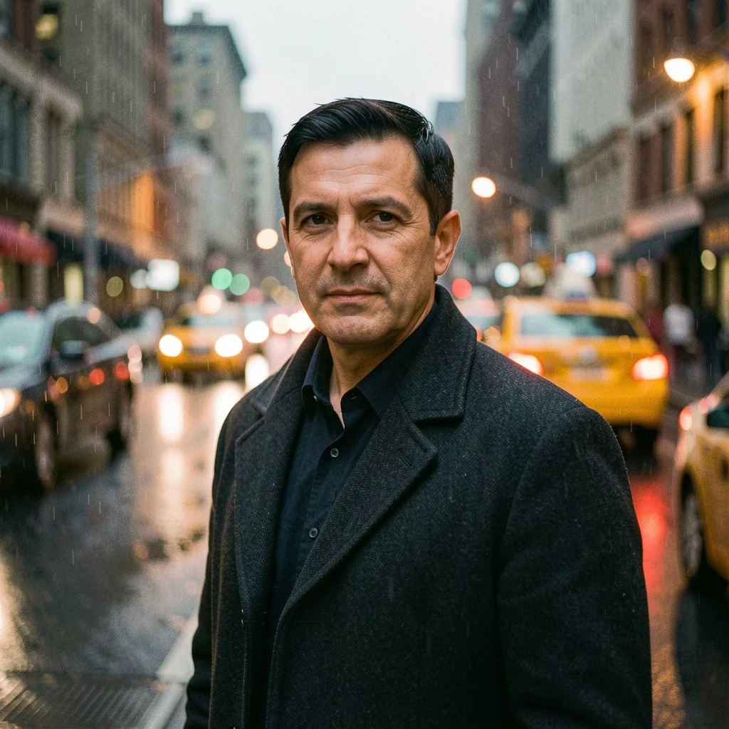 Portrait — FLUX.2 Klein 9B: editorial portrait of a man in a city street at dusk