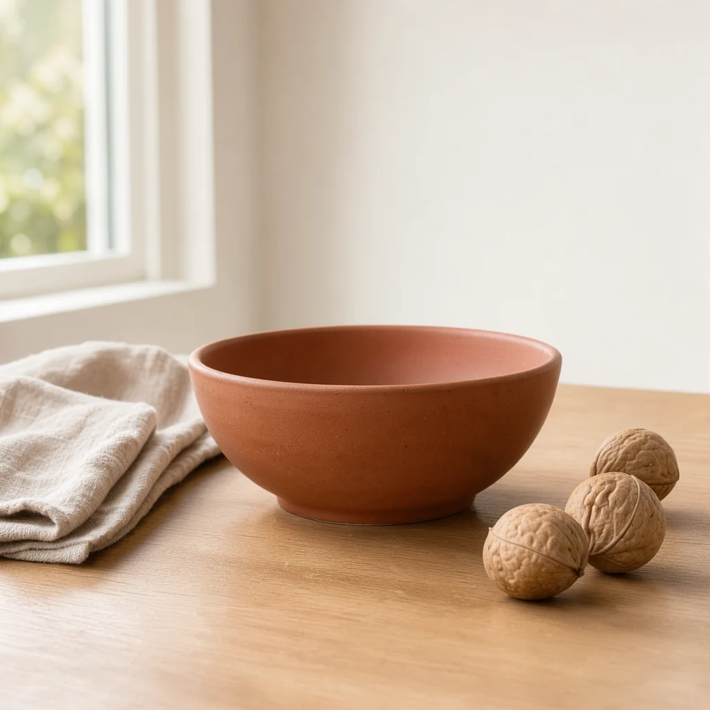 Product photo — FLUX 3 Klein: studio product photo of a terracotta bowl on an oak table
