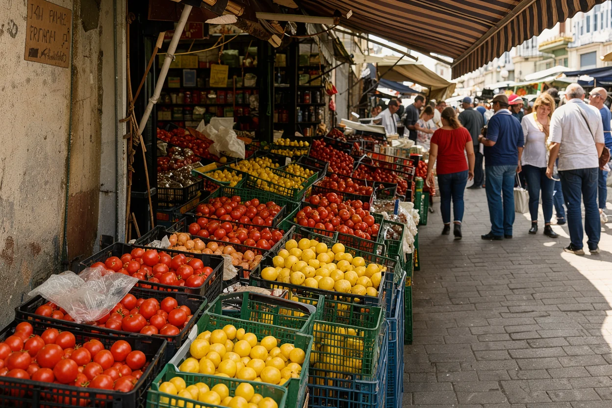 reference photo of a market stall with crates of tomatoes and lemons