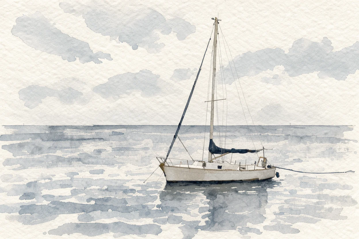 white sailing boat restyled as a loose ink-and-wash illustration