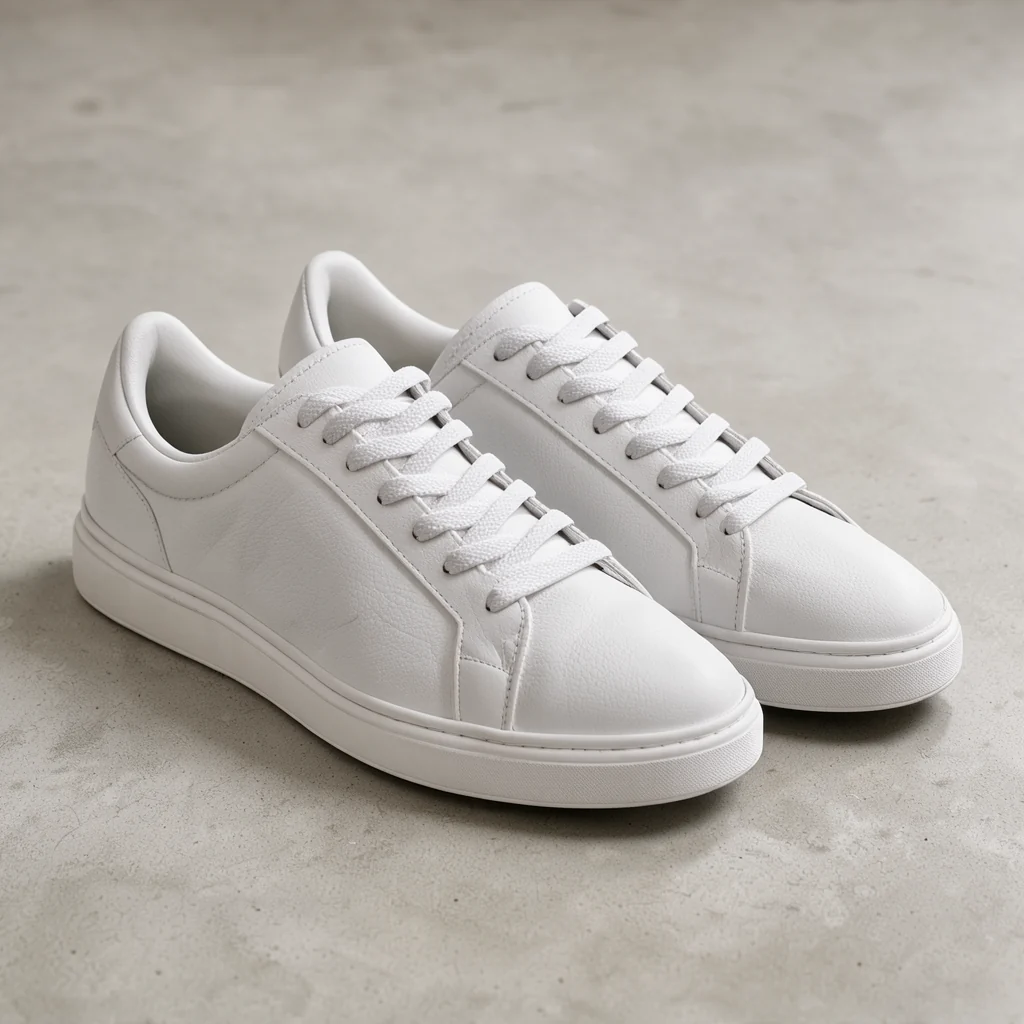 studio photo of white leather sneakers on a pale grey concrete surface