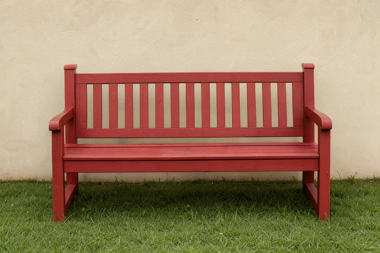 reference photo of a red wooden garden bench on a lawn