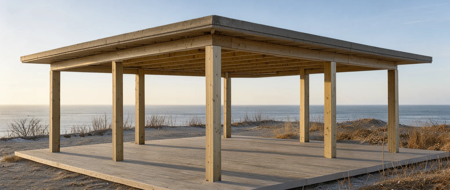 wide coastal lookout pavilion in low winter sun with the ocean behind