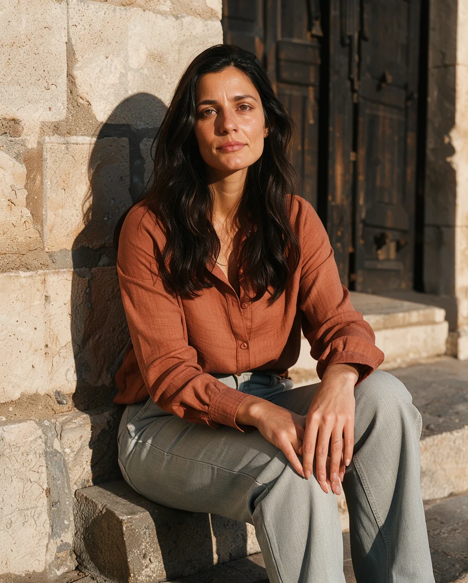 editorial portrait of a woman in a rust linen shirt sitting on stone steps