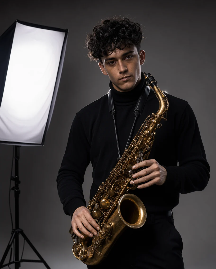 studio portrait of a musician holding a saxophone against dark grey