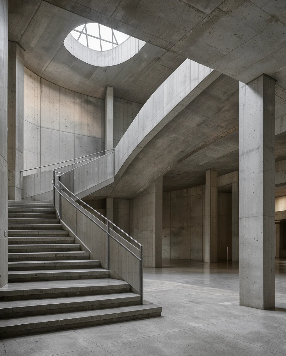 brutalist concrete lobby with a wide staircase and a round skylight