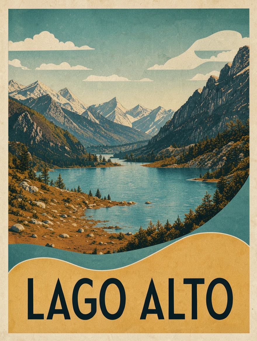 vintage screen-print travel poster of a mountain lake