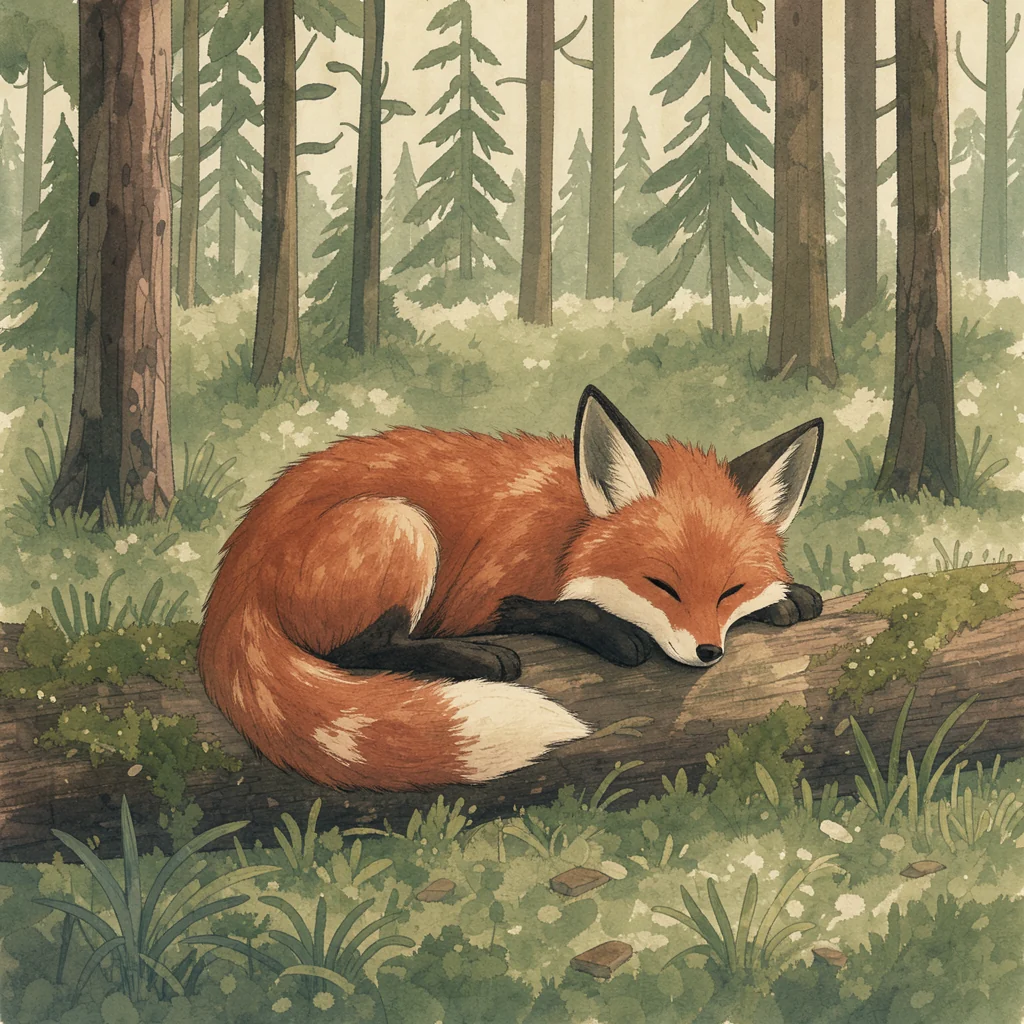 storybook illustration of a red fox asleep on a mossy log