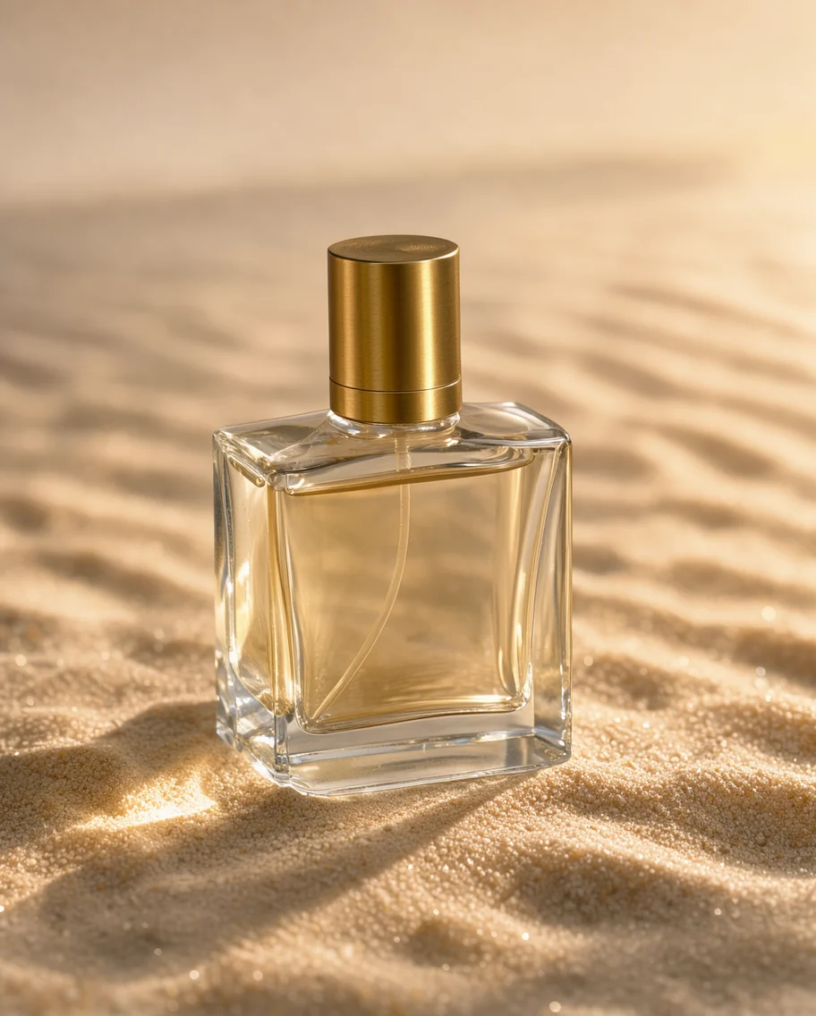 glass perfume bottle with a brass cap standing on rippled sand