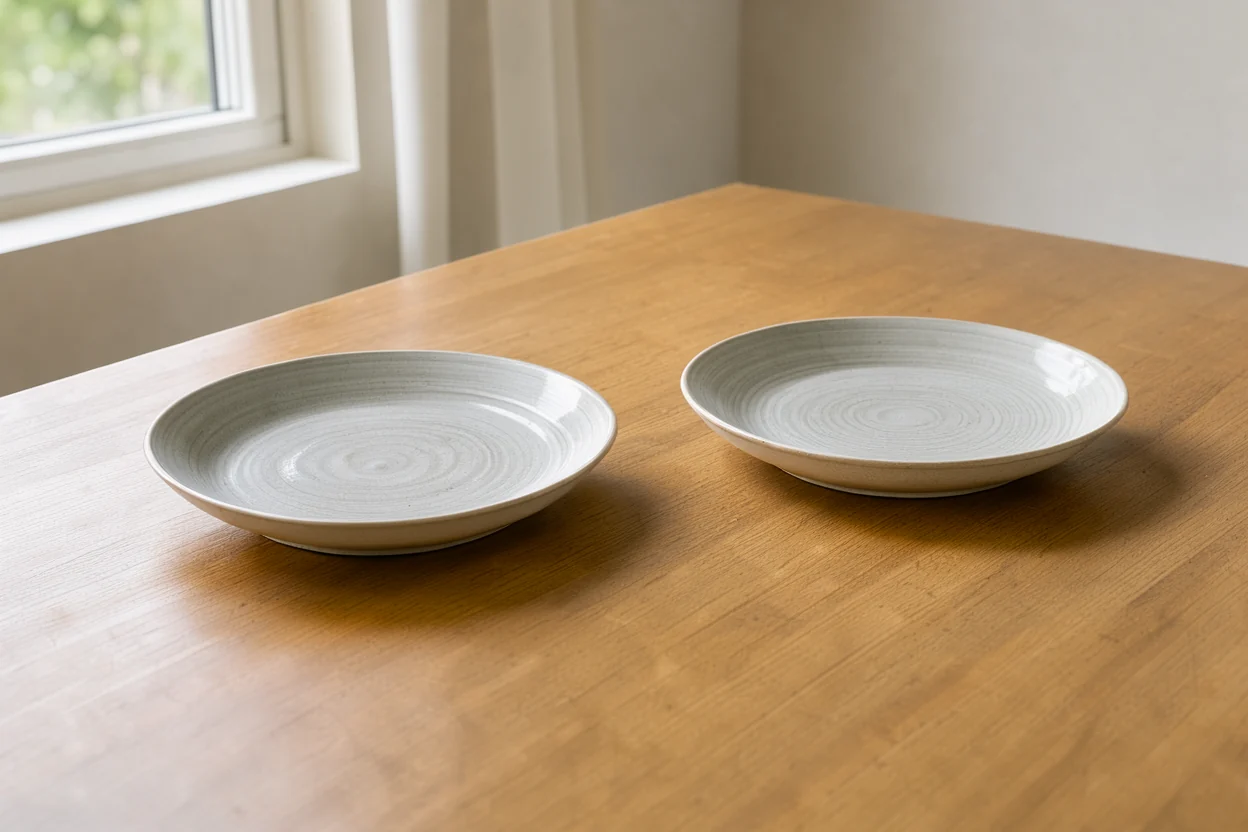 reference photo of an empty wooden kitchen table with two plates