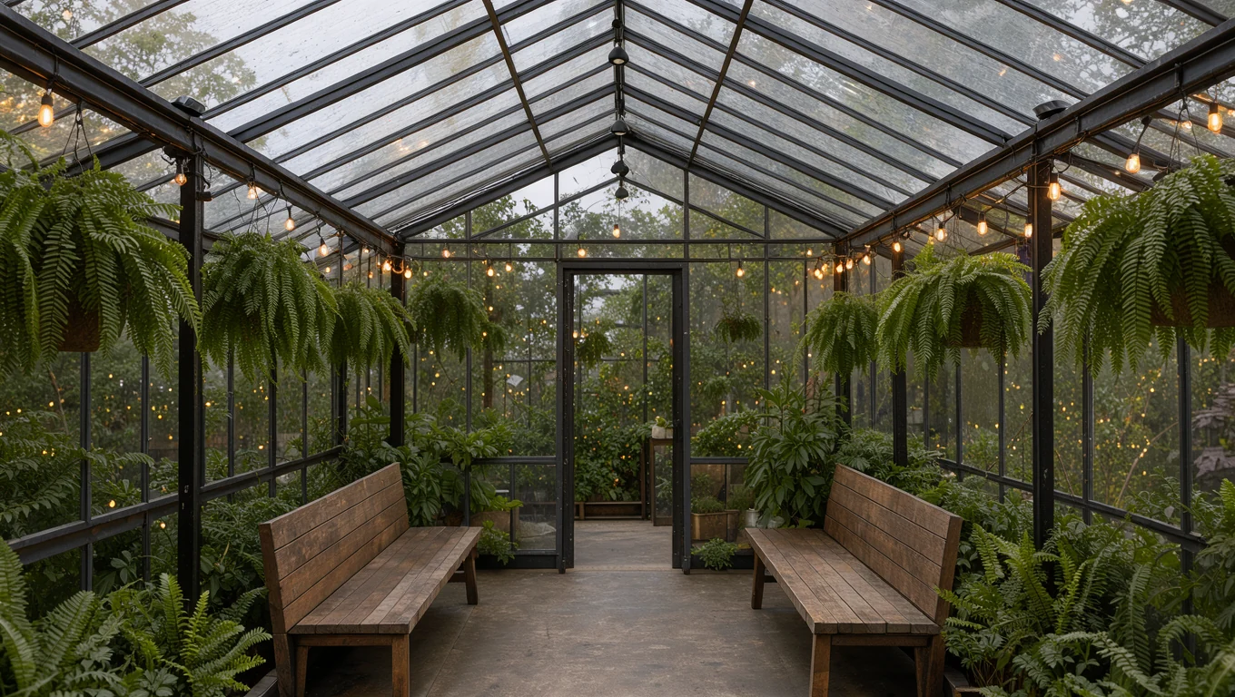 café interior in a greenhouse with iron frames and hanging ferns