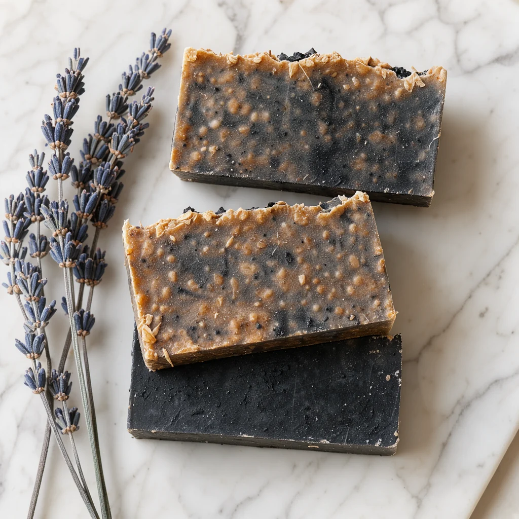 three stacked bars of handmade soap with dried lavender on a marble slab
