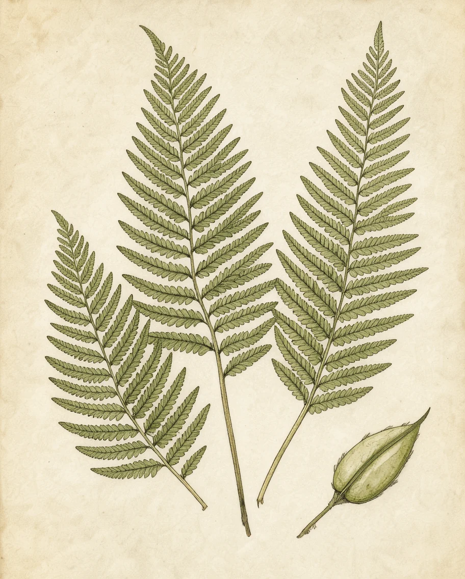 botanical sheet of three fern fronds and a seed pod on aged paper