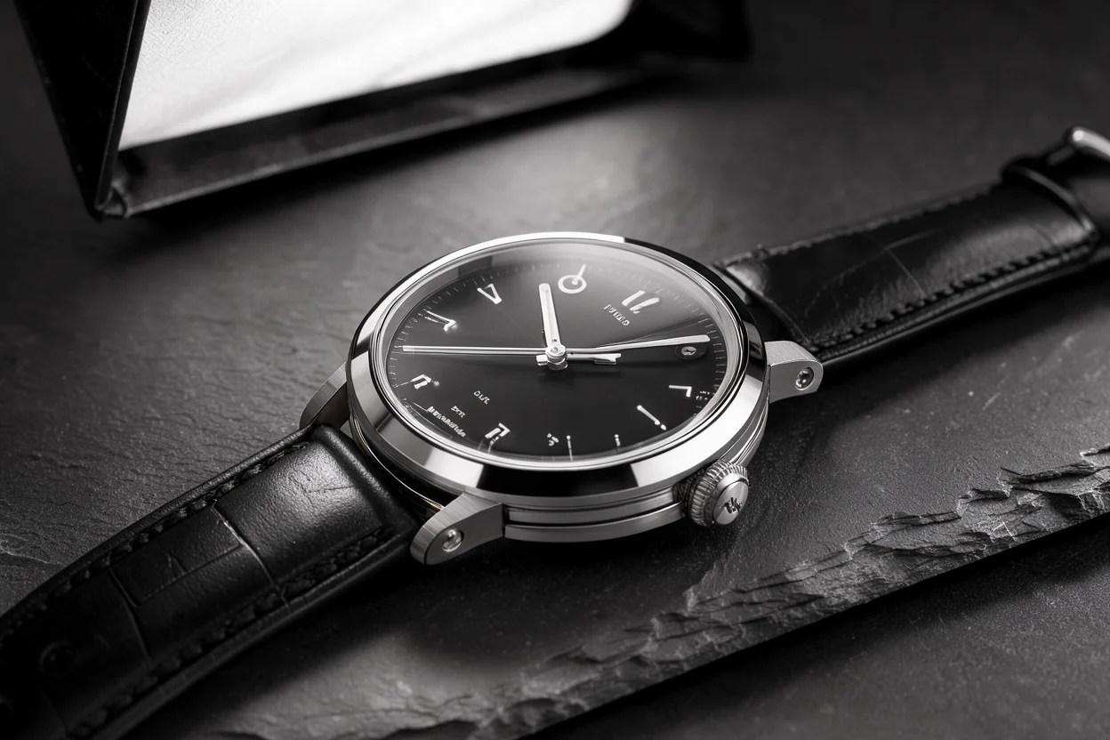 stainless-steel watch with a black leather strap lying on dark slate