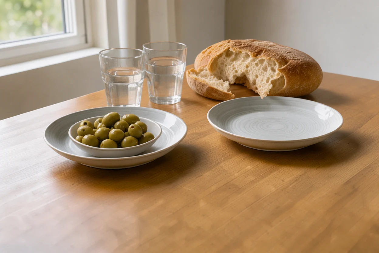 kitchen table with olives, torn bread and glasses of water added