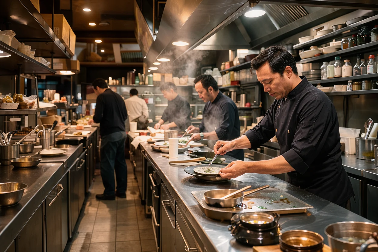 narrow restaurant kitchen during service with dishes on steel counters