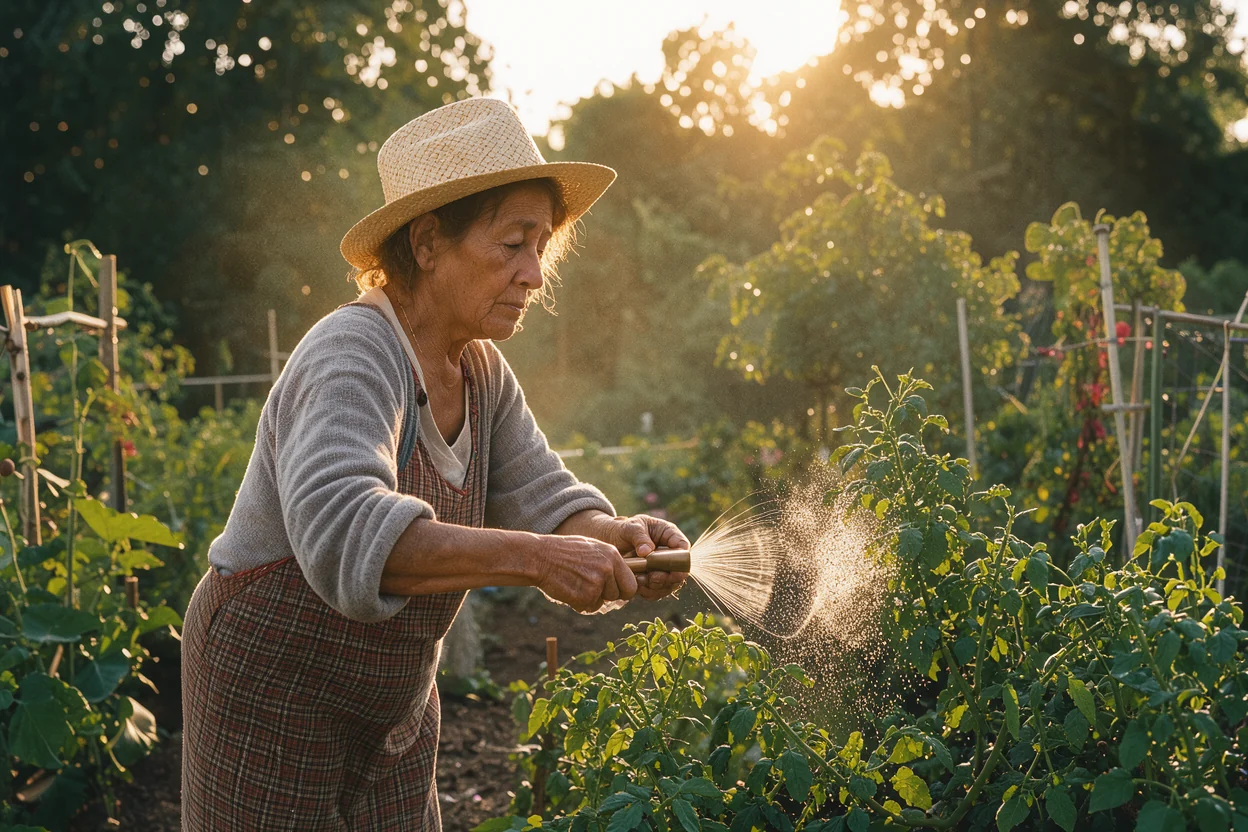 older woman in a straw hat watering tomatoes in late backlight