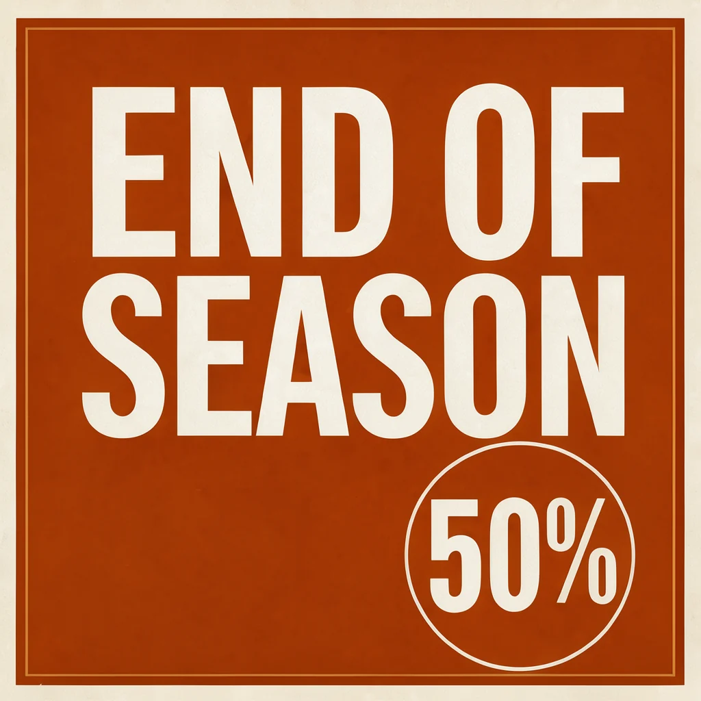 rust-orange sale banner reading END OF SEASON with 50% in a circle