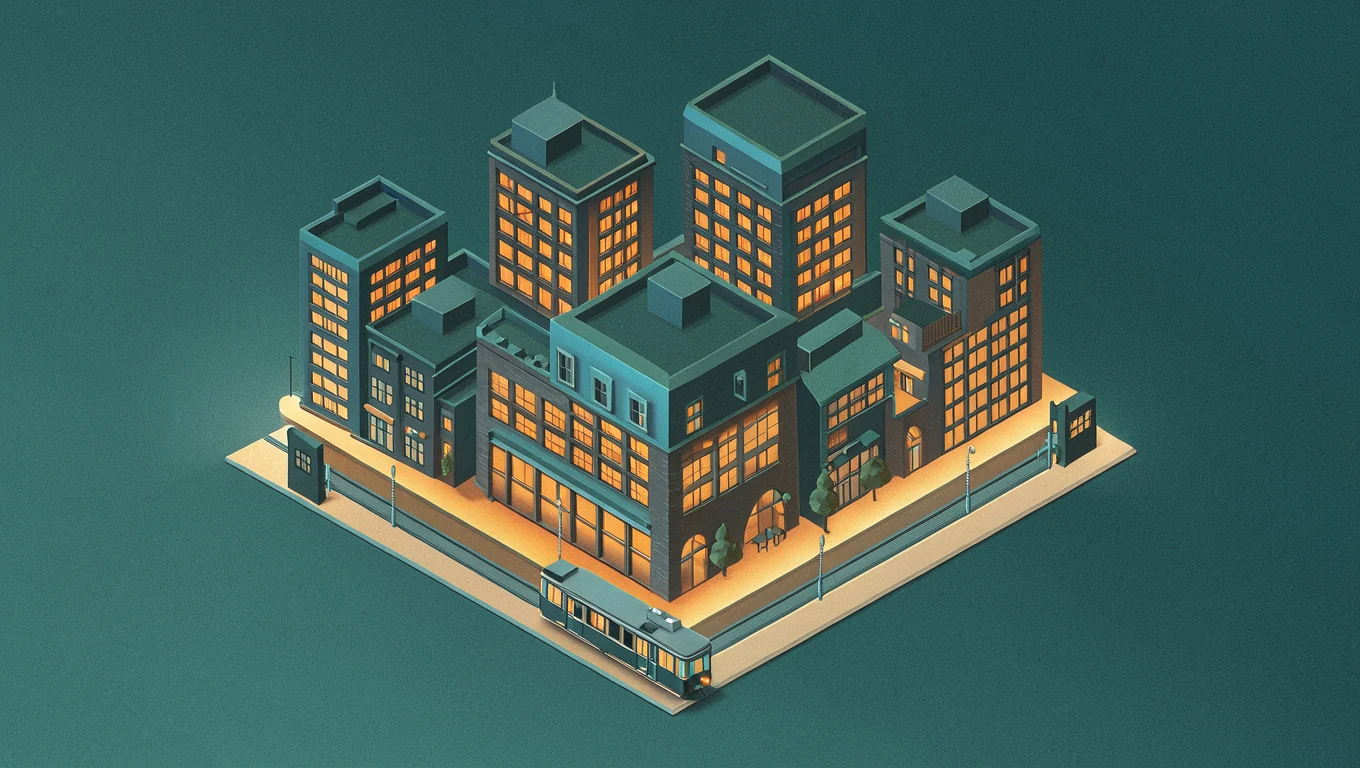 flat isometric illustration of a city block at night with a tram