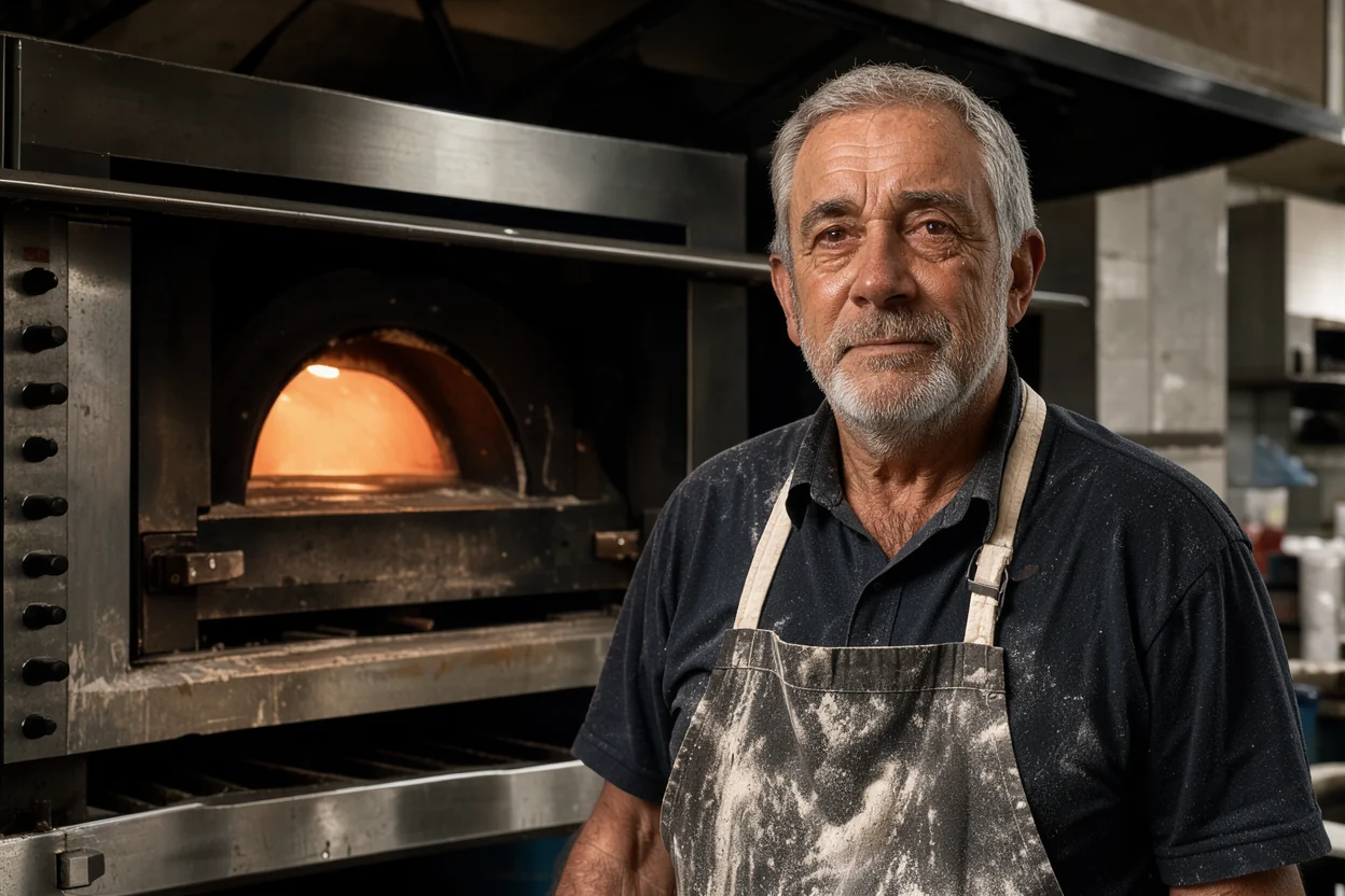 environmental portrait of a baker standing in front of a steel oven