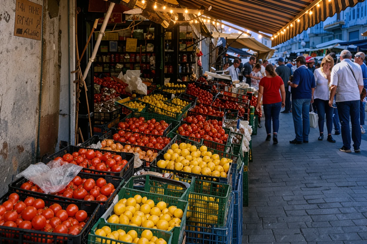 street market stall at blue hour lit by warm string lights