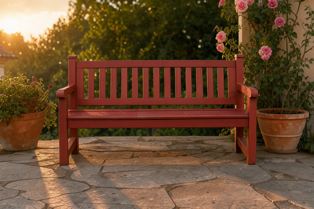 red garden bench placed on a stone patio at golden hour