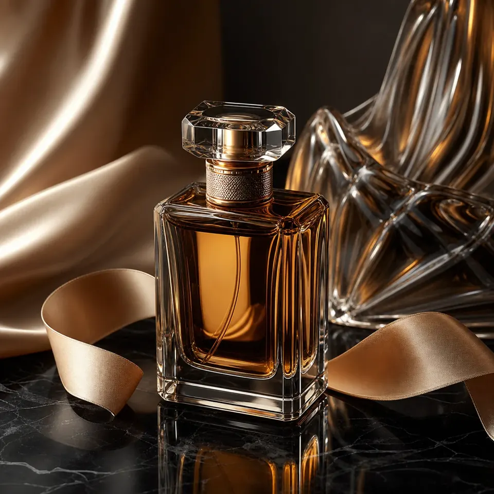 Sculpted glass perfume bottle on a dark product photography set