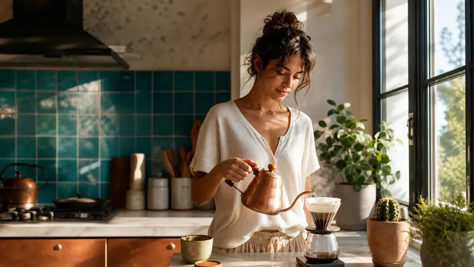 Sunlit kitchen with a ceramic cup and breakfast on the counter
