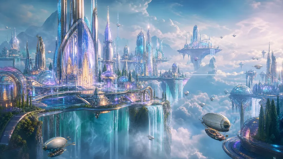 Reflective glass city towers above the clouds